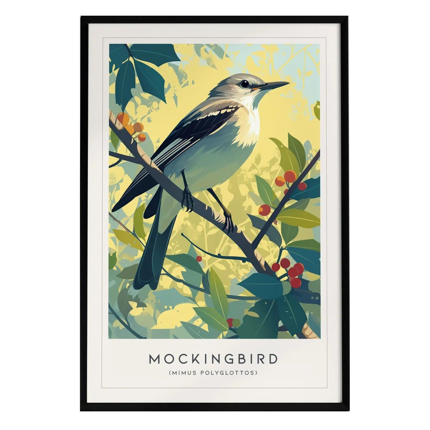 A beautifully illustrated poster featuring a mockingbird perched on a branch surrounded by green leaves and red berries. The artwork showcases soft natural tones and a clean design.