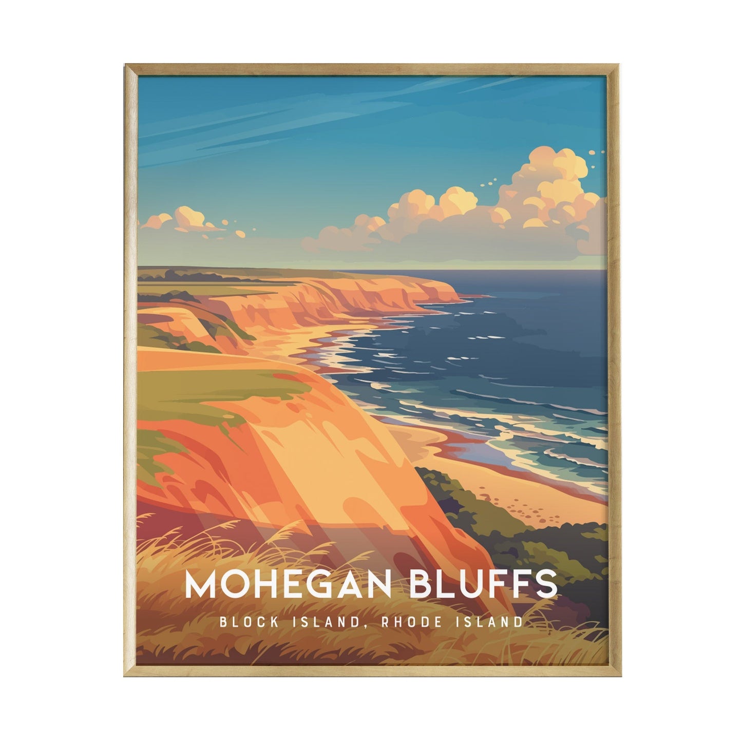 A vibrant poster depicting the Mohegan Bluffs on Block Island, Rhode Island, showcasing dramatic orange clay cliffs descending to the ocean. The sky is painted in soft blues and whites, enhancing the serene coastal landscape.