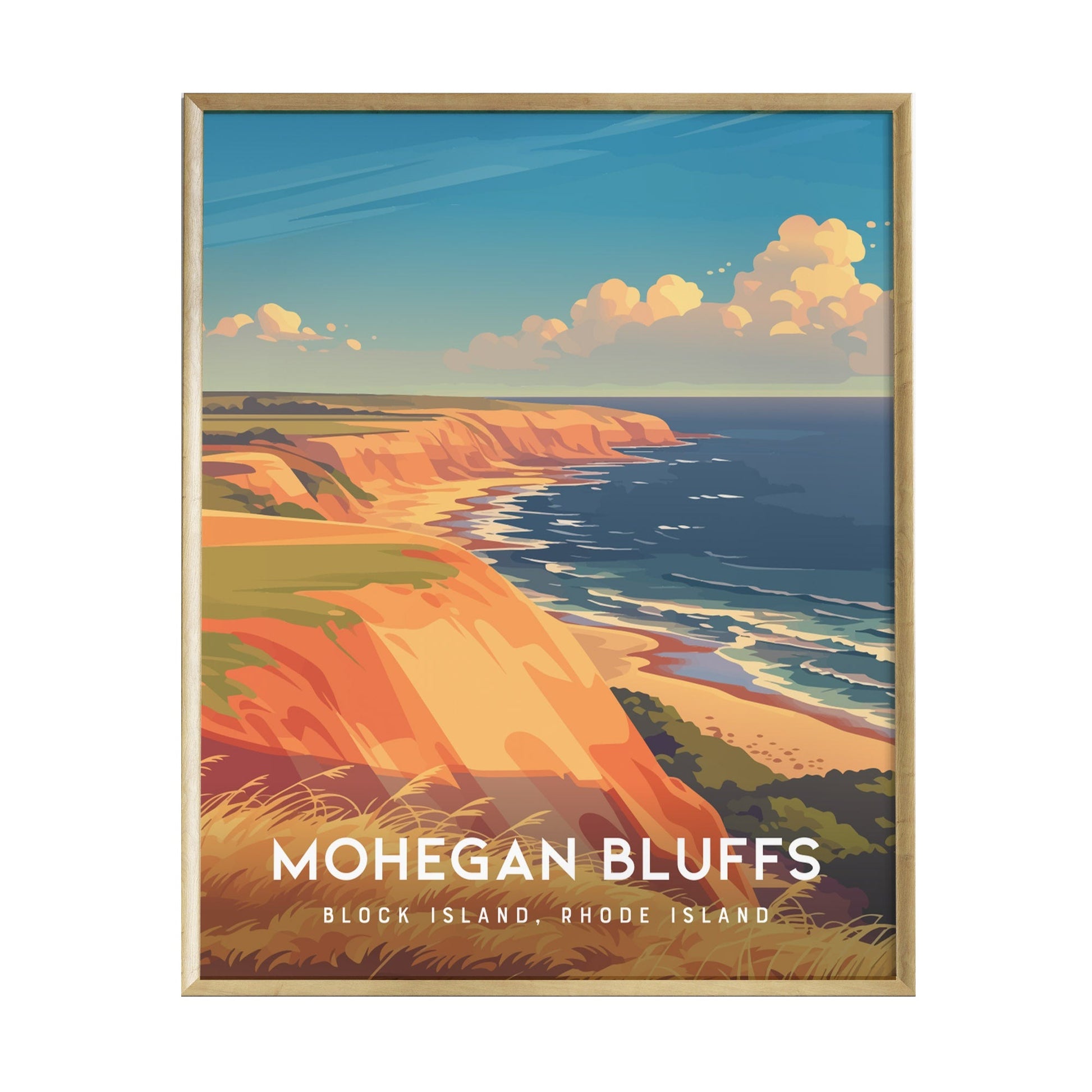 A vibrant poster depicting the Mohegan Bluffs on Block Island, Rhode Island, showcasing dramatic orange clay cliffs descending to the ocean. The sky is painted in soft blues and whites, enhancing the serene coastal landscape.