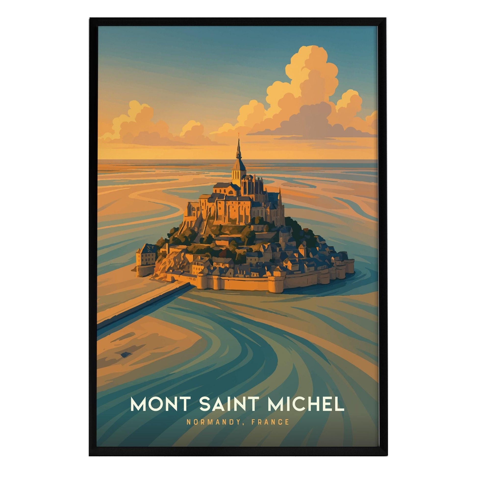A vibrant poster featuring Mont-Saint-Michel, highlighting the iconic abbey atop the rocky island surrounded by tidal waters.