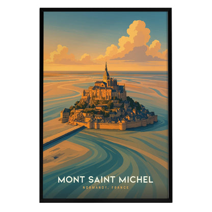 A vibrant poster featuring Mont-Saint-Michel, highlighting the iconic abbey atop the rocky island surrounded by tidal waters.
