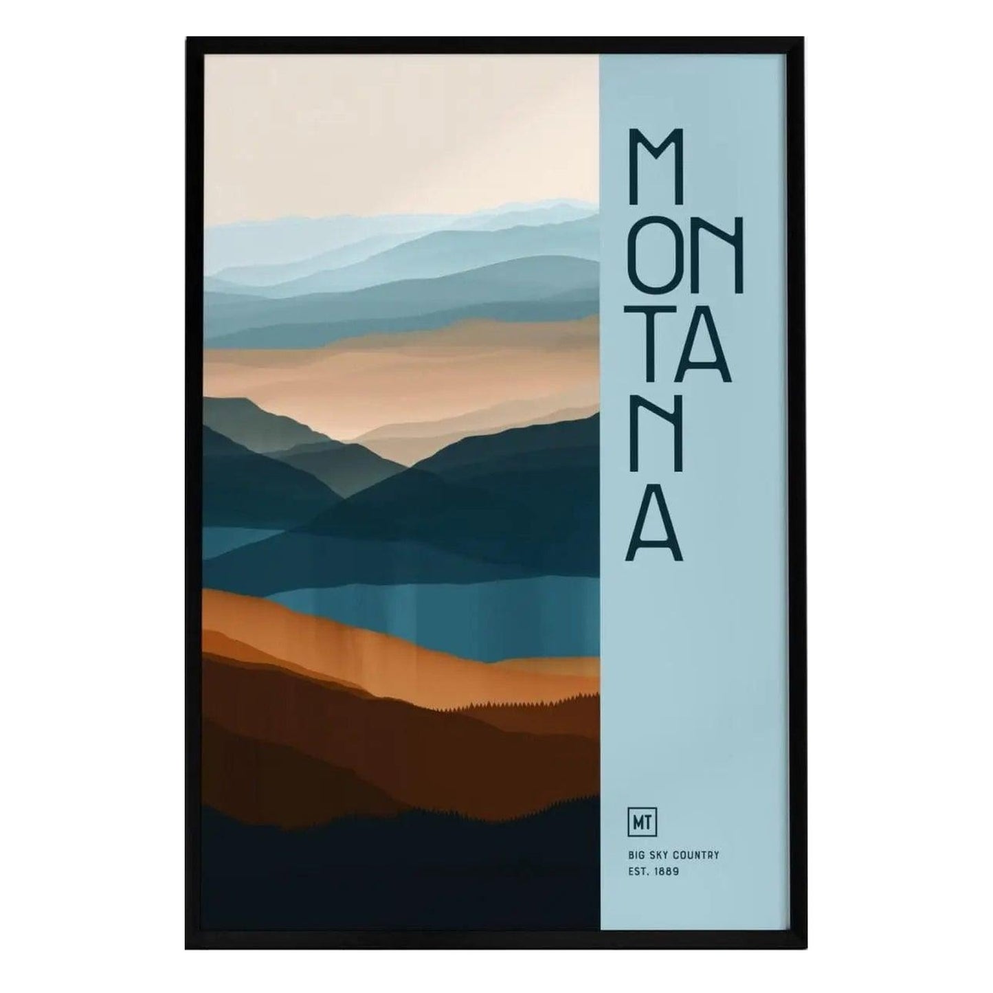 A minimalist poster featuring the word MONTANA in bold letters, with a serene landscape of layered mountains in shades of blue, orange, and beige. The design evokes the beauty of the Big Sky State.