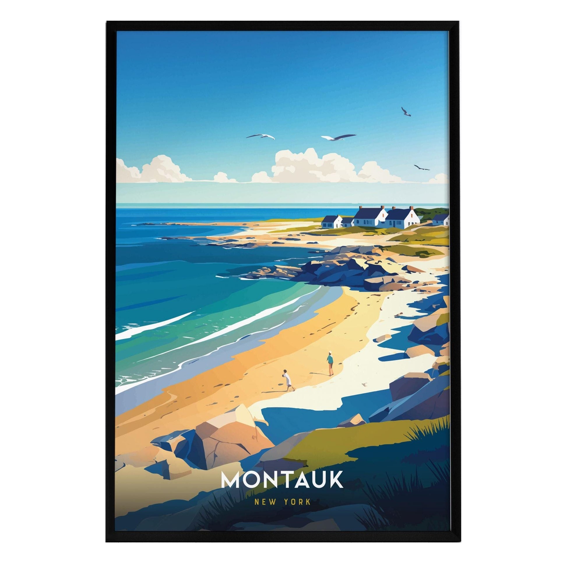 A vibrant illustration of a beach scene in Montauk, New York, featuring soft sandy shores, rolling dunes, and a clear blue sky. The artwork captures a tranquil coastal atmosphere with people walking along the shore and seagulls in the sky.