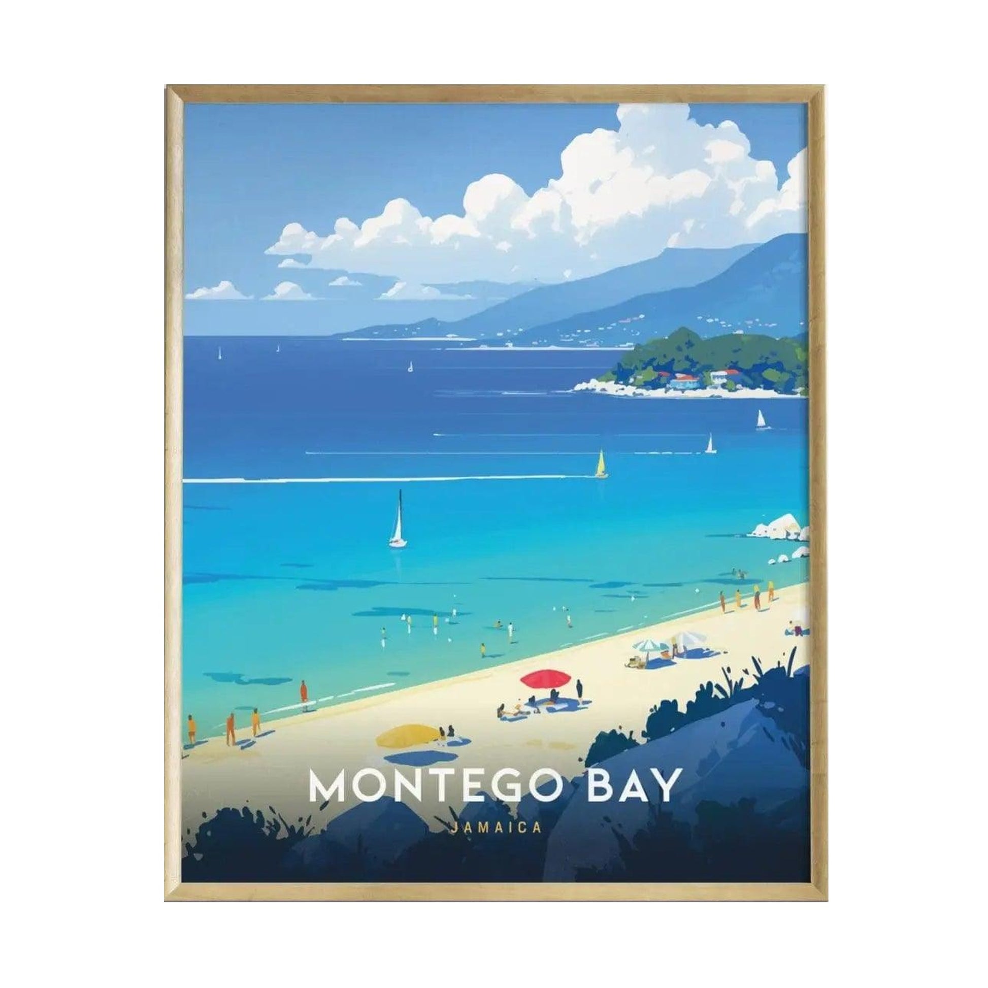 A vibrant vintage-style poster of Montego Bay, Jamaica, featuring a serene beach scene with turquoise waters, white sailboats, and sunbathers enjoying the shoreline under a bright blue sky.