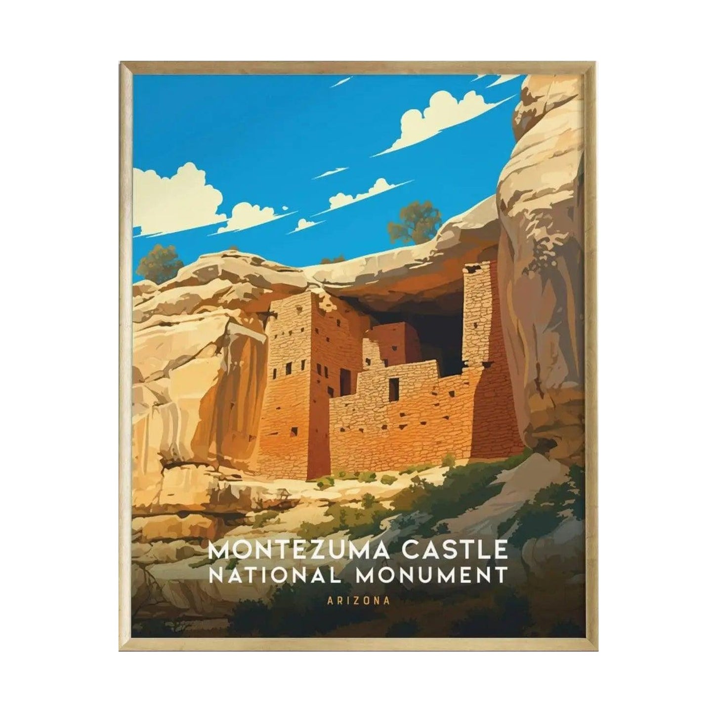 A vibrant poster of Montezuma Castle National Monument showcases the iconic cliff dwelling nestled in a rocky alcove, framed by a bright blue sky with white clouds.