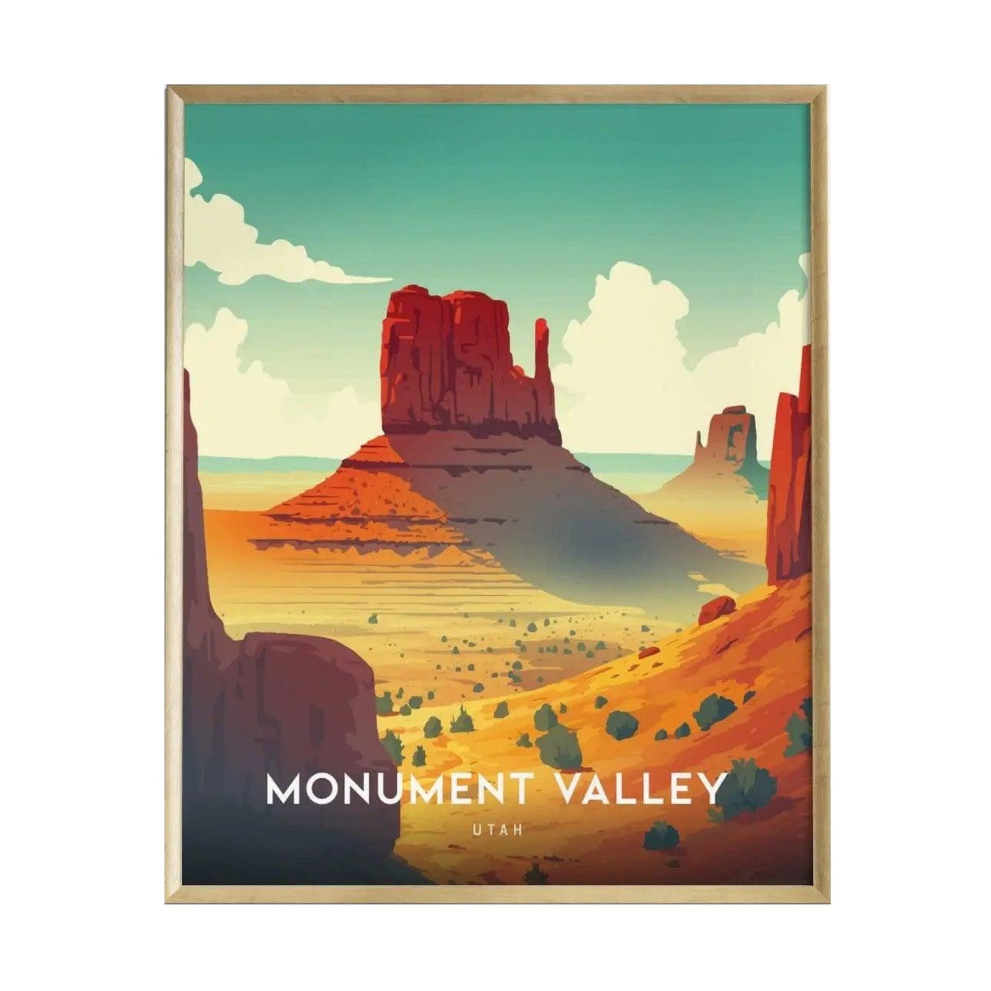 A vibrant poster depicting Monument Valley in Utah, featuring iconic red sandstone mesas and the striking Mitten Buttes under a bright blue sky. The artwork has a modern vintage style with bold colors and clear text at the bottom.