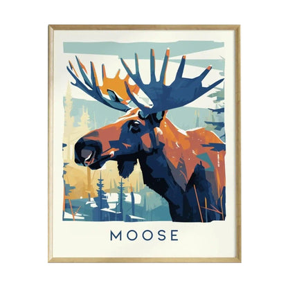 A vibrant Moose poster features a striking moose profile with large antlers, set against a backdrop of abstract boreal forest tones. The design includes the word MOOSE in bold lettering at the bottom, adding a rustic charm.