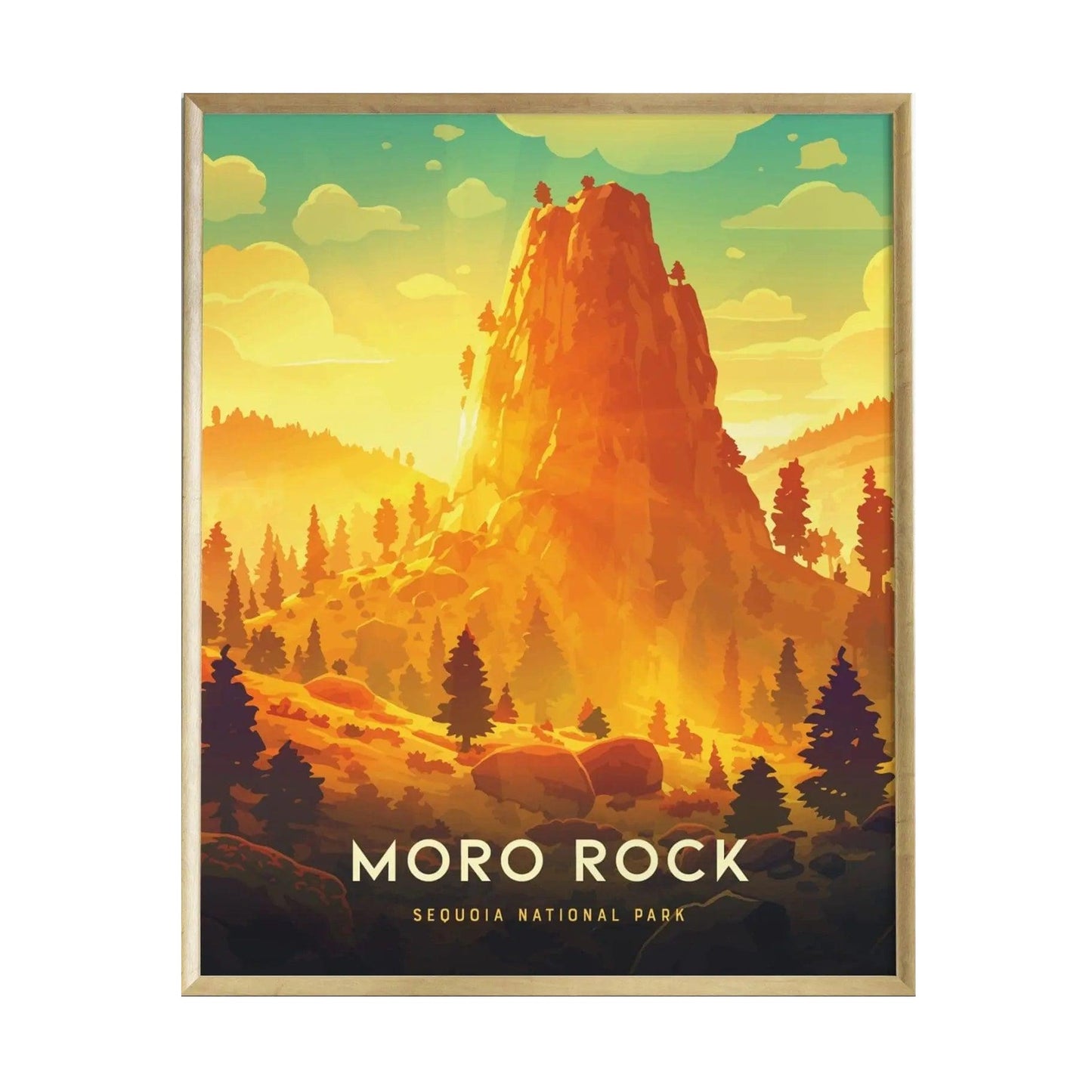 A vibrant poster of Moro Rock in Sequoia National Park depicts a golden sunset casting warm hues over the iconic granite dome, surrounded by lush pine trees and rocky terrain.