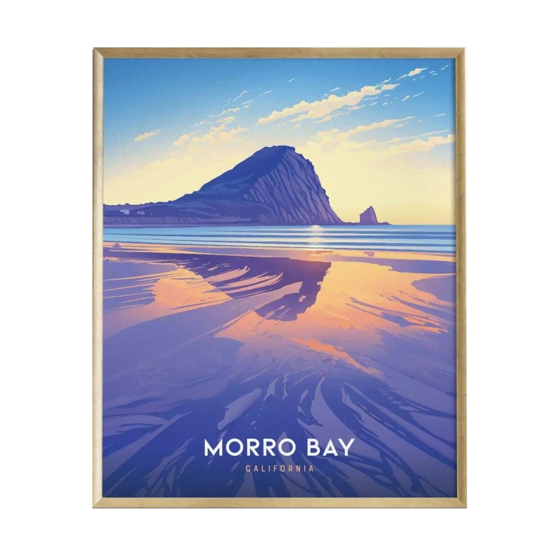 A vibrant art print featuring Morro Rock in California, with a colorful sunset reflecting on calm waters. The poster is framed and labeled MORRO BAY at the bottom, showcasing a modern.