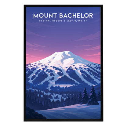 A stylized poster of Mount Bachelor in Central Oregon features a snow-covered peak with ski runs, surrounded by pine trees. The sky is painted in soft pink and purple hues, adding to the serene winter landscape.