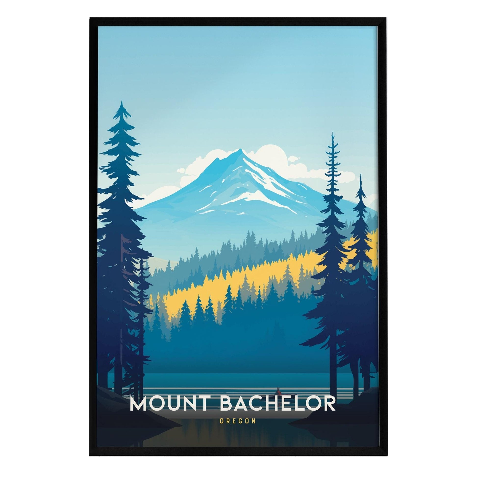 A minimalist poster depicting Mount Bachelor in Oregon, featuring a stylized mountain peak surrounded by evergreen trees.