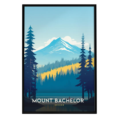A minimalist poster depicting Mount Bachelor in Oregon, featuring a stylized mountain peak surrounded by evergreen trees.