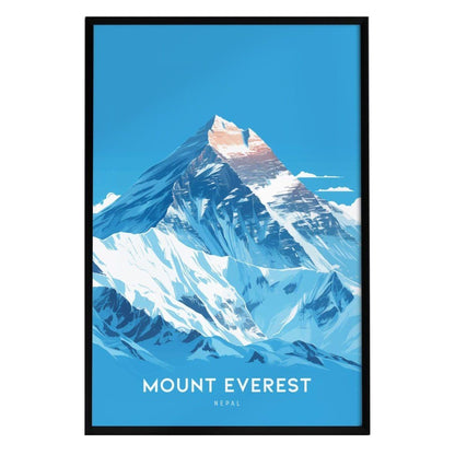A vibrant poster of Mount Everest showcases the iconic snow-capped peak against a bright blue sky, with stylized white and blue mountains in the foreground.