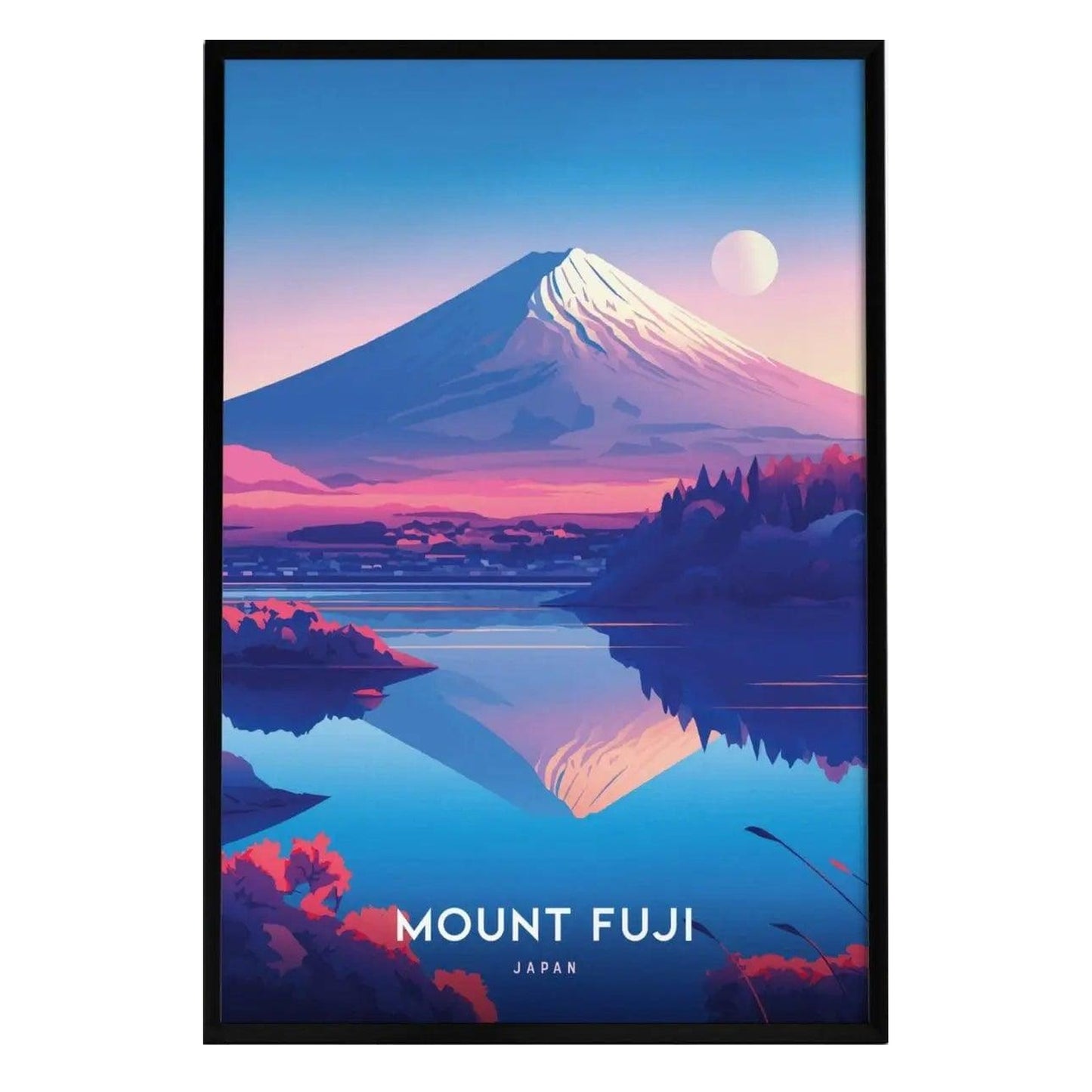 A vibrant travel poster depicting Mount Fuji, featuring its iconic snow-capped peak against a serene sunset sky.
