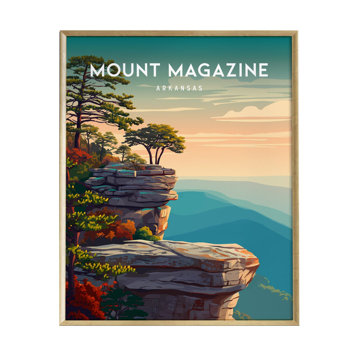 A beautifully illustrated poster of Mount Magazine in Arkansas, featuring dramatic rocky bluffs and lush green trees against a colorful sunset backdrop.