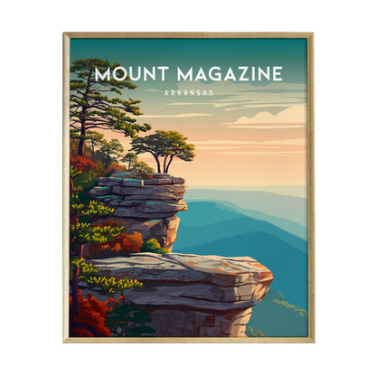 A beautifully illustrated poster of Mount Magazine in Arkansas, featuring dramatic rocky bluffs and lush green trees against a colorful sunset backdrop.