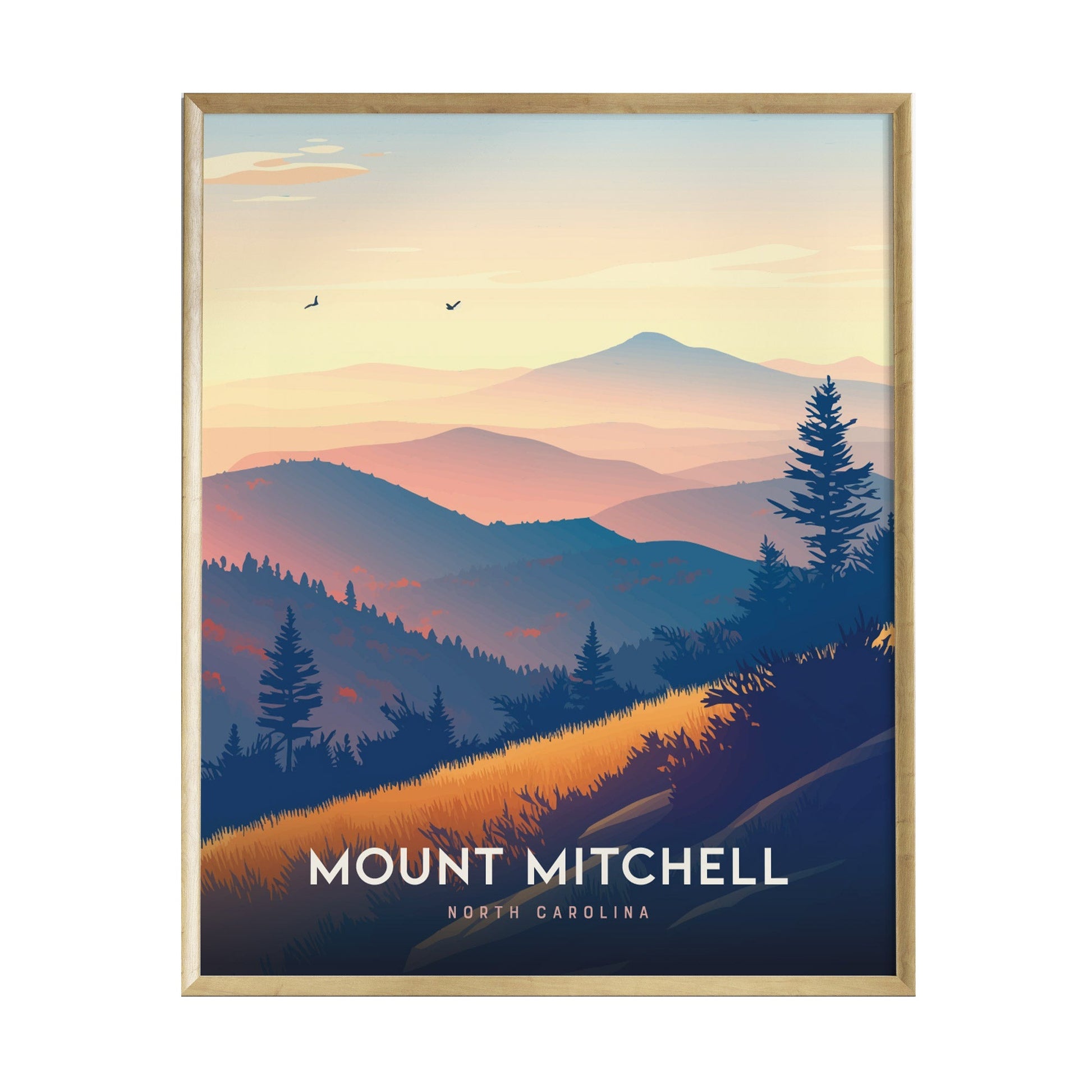 A framed poster of Mount Mitchell features a vibrant illustration of the Blue Ridge Mountains, showcasing rolling hills in shades of blue, orange, and yellow.