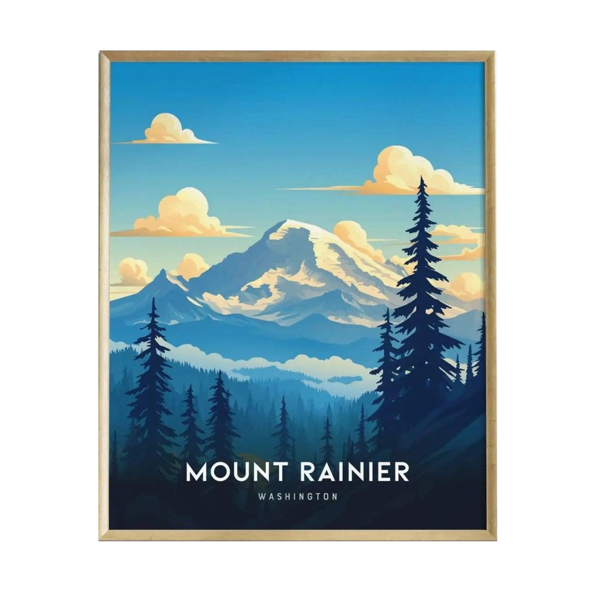 A vibrant poster of Mount Rainier showcases the majestic volcano with a glaciated summit, surrounded by lush green forests and a bright blue sky dotted with fluffy clouds.