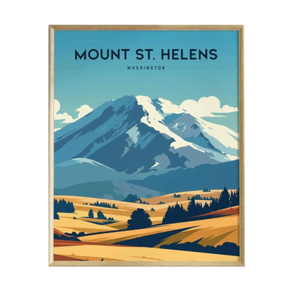 A framed poster of Mount St. Helens showcases a vibrant landscape with the iconic volcano in the background, surrounded by rolling hills and a clear blue sky.