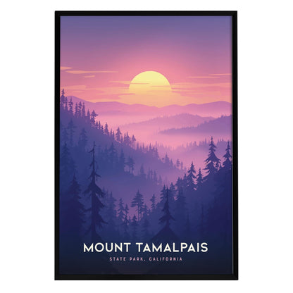 A vibrant poster featuring Mount Tamalpais State Park, showcasing a stunning sunset with hues of pink, purple, and orange. Silhouetted pine trees frame the foreground, creating a serene.