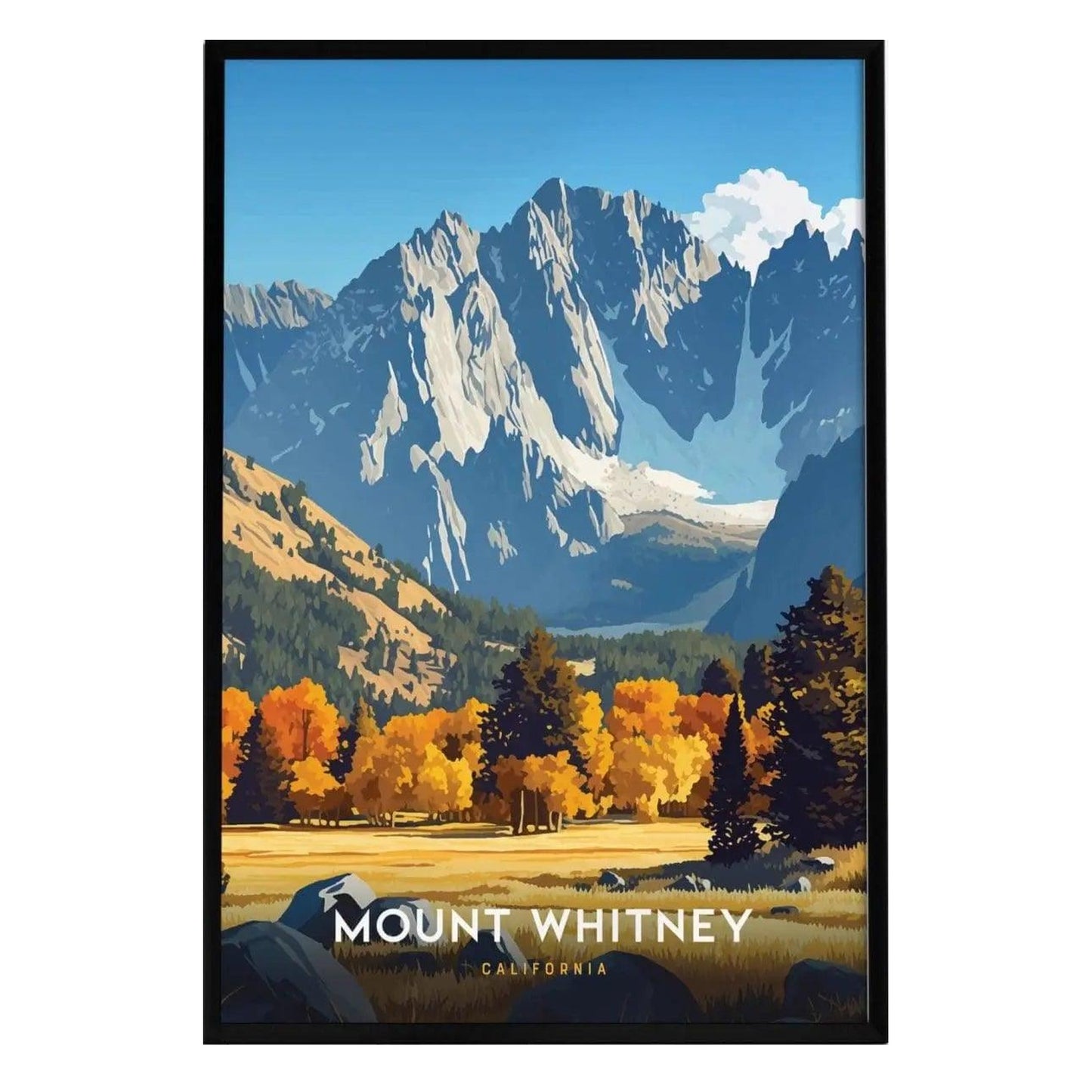 A vibrant poster of Mount Whitney showcases the majestic granite peaks of the Sierra Nevada, surrounded by a colorful landscape of autumn foliage and clear blue skies. The artwork features the words Mount Whitney prominently at the bottom.