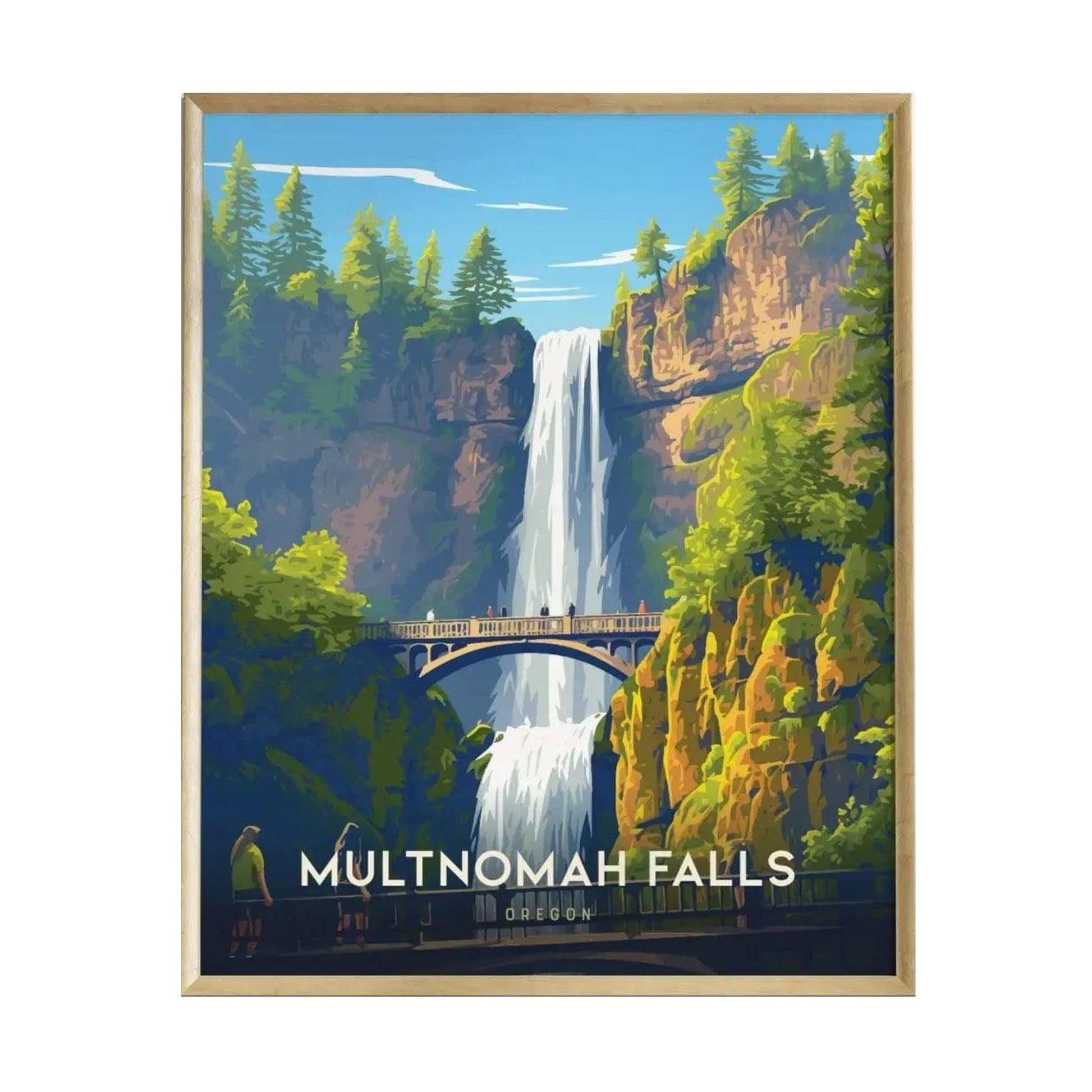 A vibrant poster of Multnomah Falls features a two-tier waterfall cascading down rocky cliffs surrounded by lush greenery. The artwork includes a depiction of the Benson Bridge, adding a charming focal point to any space.