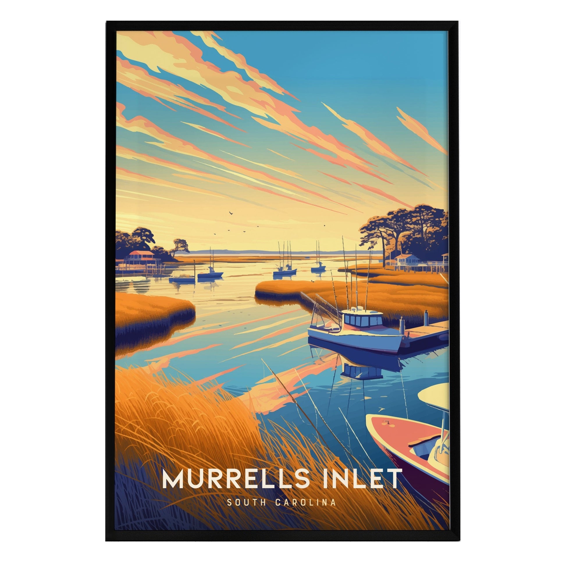 A vibrant vintage-style poster depicting the serene waters of Murrells Inlet, South Carolina, with boats docked amidst golden grasses and a colorful sunset sky. The artwork captures the coastal charm of this beloved fishing village.