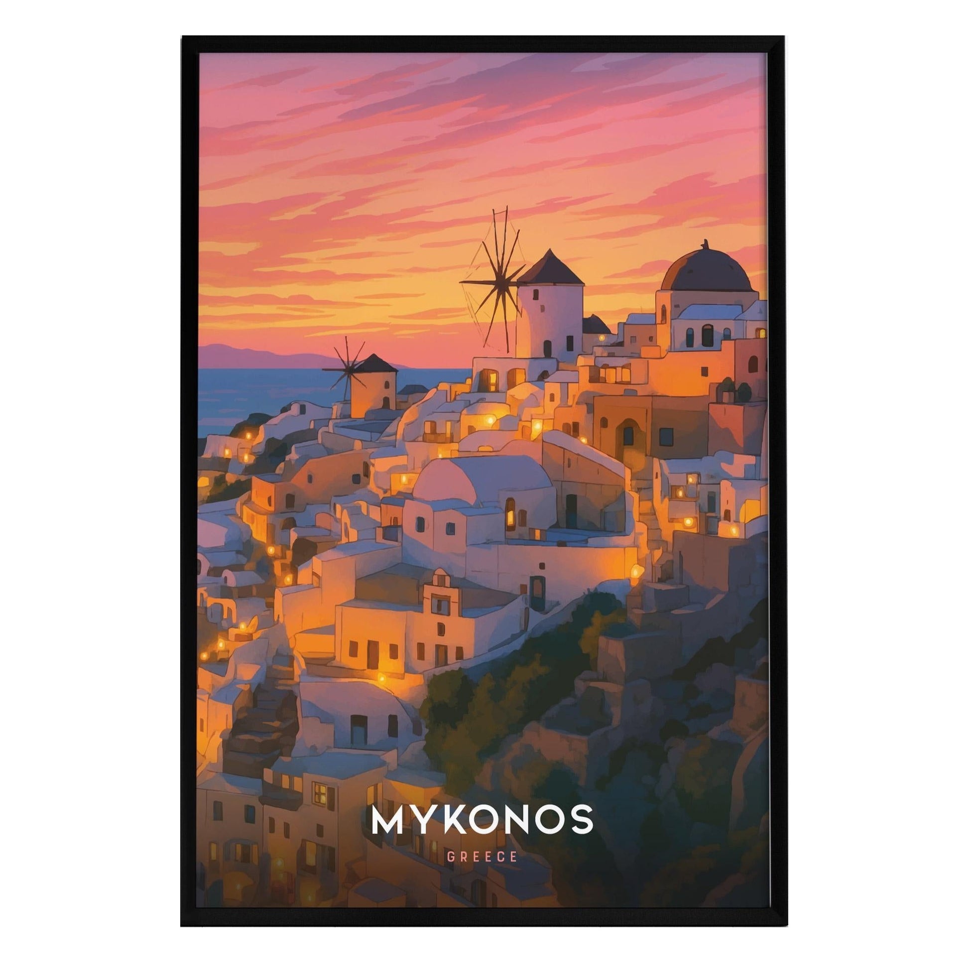 A vibrant Mykonos travel poster features a picturesque sunset over whitewashed buildings, with illuminated windows and traditional windmills in the background. The warm colors of the sky create a serene and inviting atmosphere.