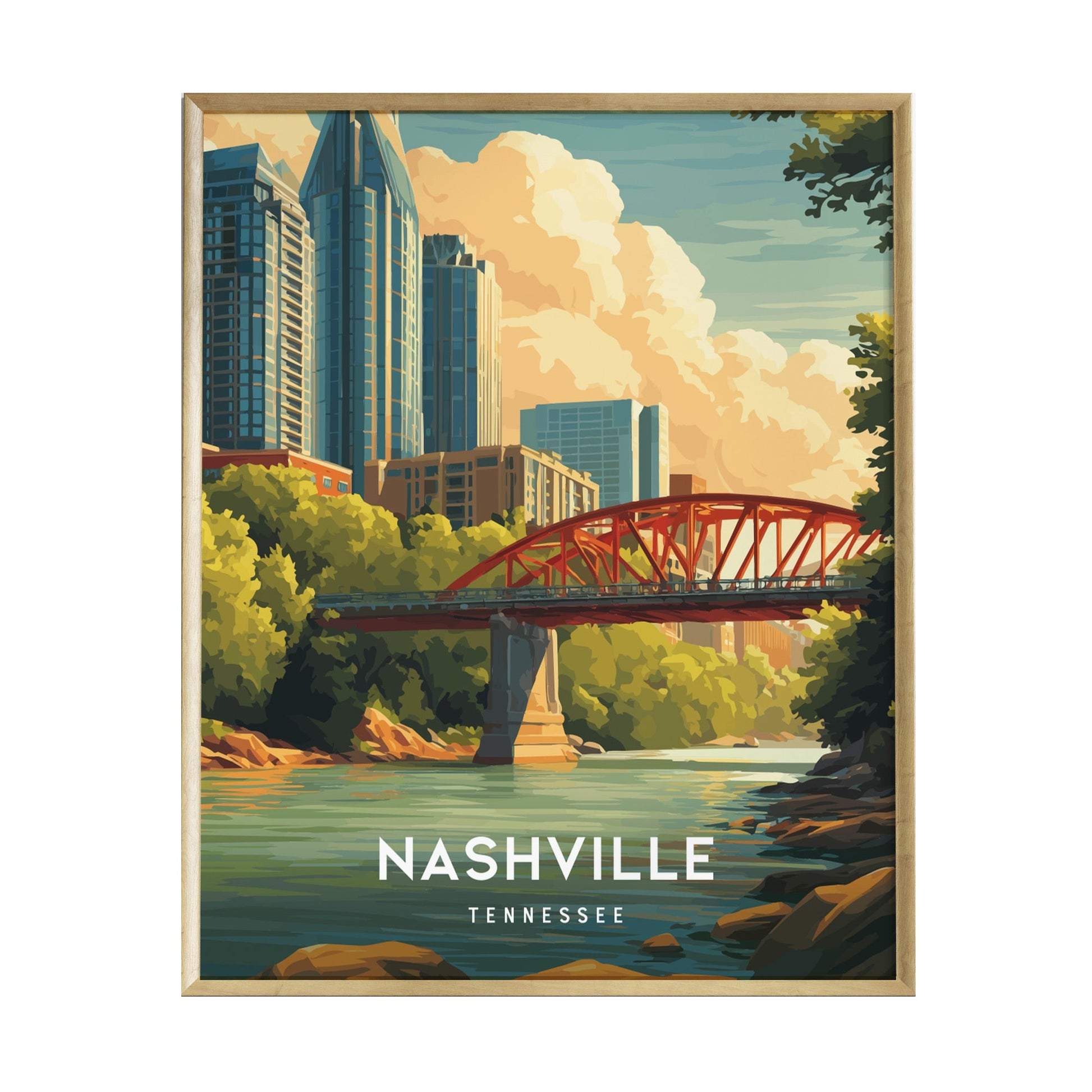 A vibrant illustration of Nashville, Tennessee, featuring a red bridge spanning a river with lush greenery, set against a backdrop of tall skyscrapers and a warm, cloud-filled sky.