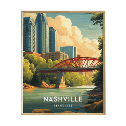 A vibrant illustration of Nashville, Tennessee, featuring a red bridge spanning a river with lush greenery, set against a backdrop of tall skyscrapers and a warm, cloud-filled sky.