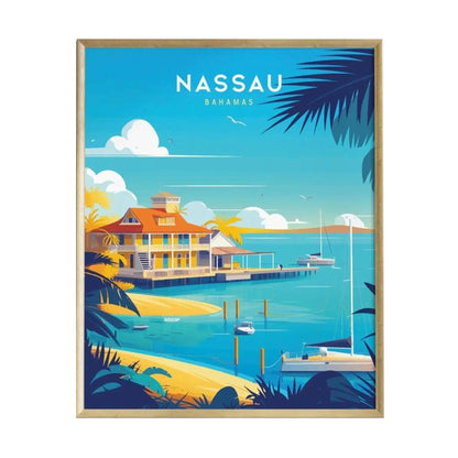 A vibrant poster depicting a tropical scene of Nassau, Bahamas, featuring a charming waterfront house surrounded by palm trees, turquoise waters, and boats docked nearby.