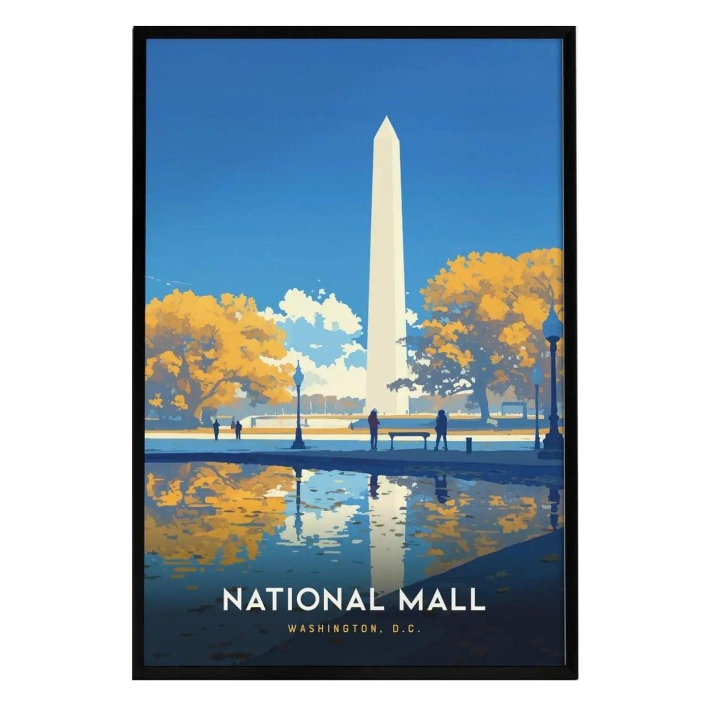 A vibrant poster depicting the National Mall in Washington, D.C., showcasing the iconic Washington Monument surrounded by autumn trees and a reflective water surface.