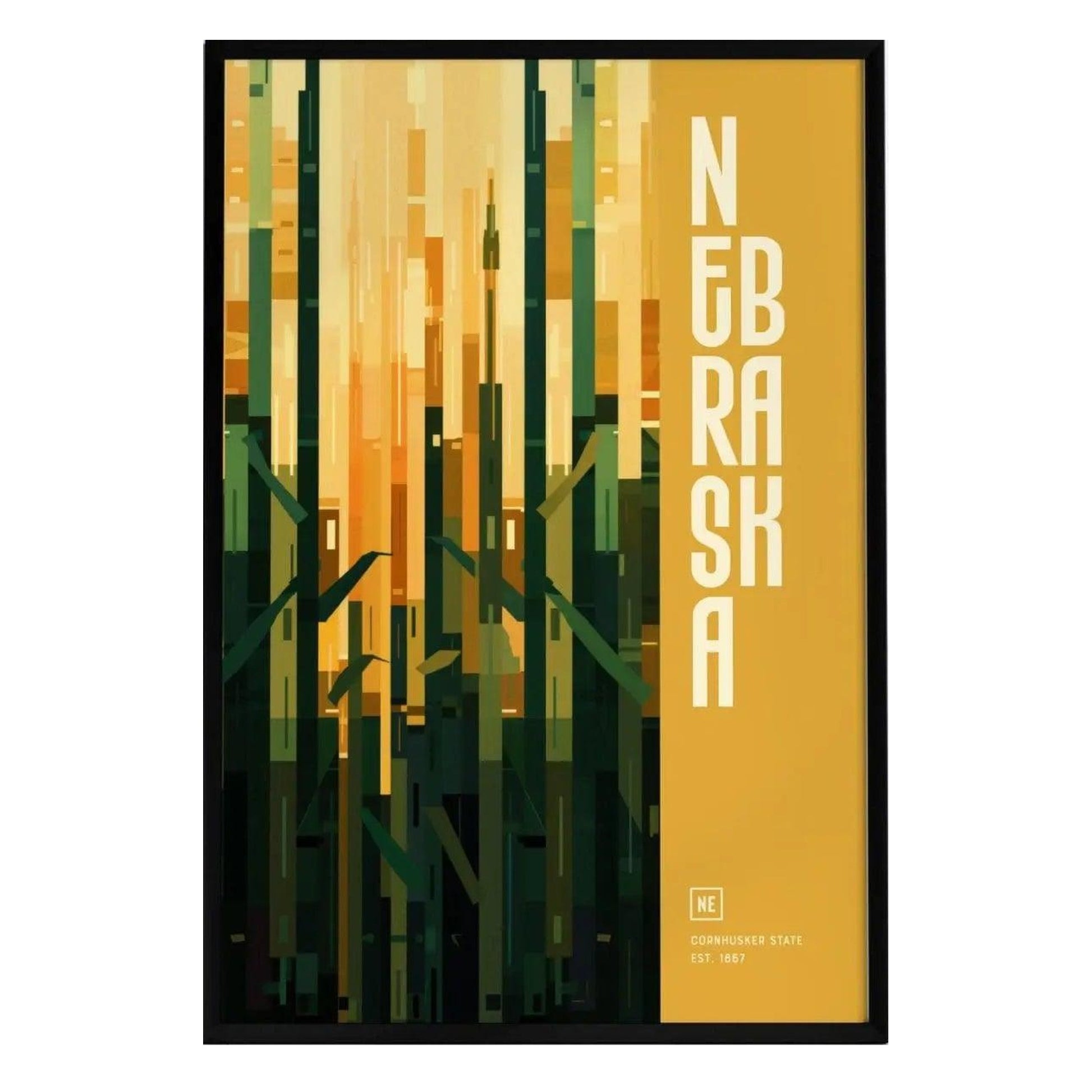 A vibrant Nebraska Cornhusker State poster features abstract vertical lines in shades of green and yellow, resembling tall grass against a warm backdrop. The text NEBRASKA is prominently displayed, highlighting the states identity.