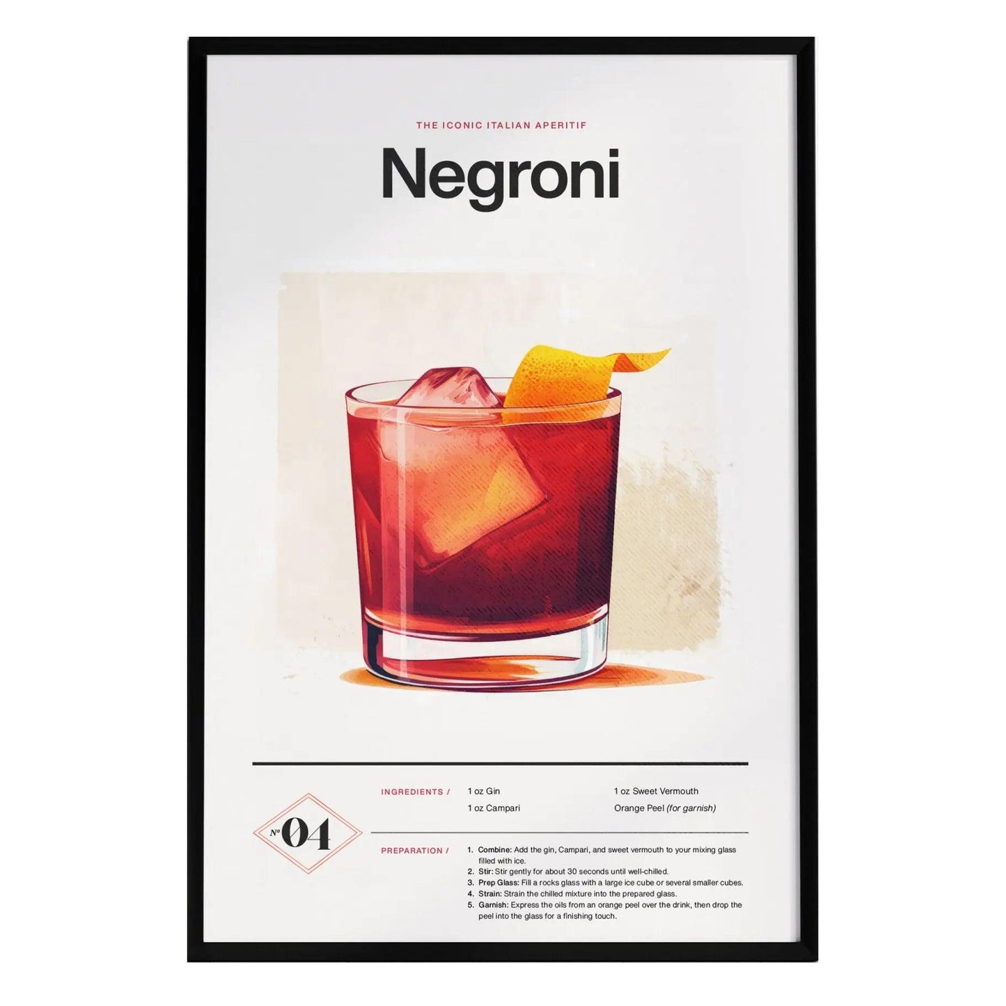 A framed poster featuring a Negroni cocktail, showcasing a glass filled with the vibrant ruby drink, ice cubes, and a twist of orange peel.