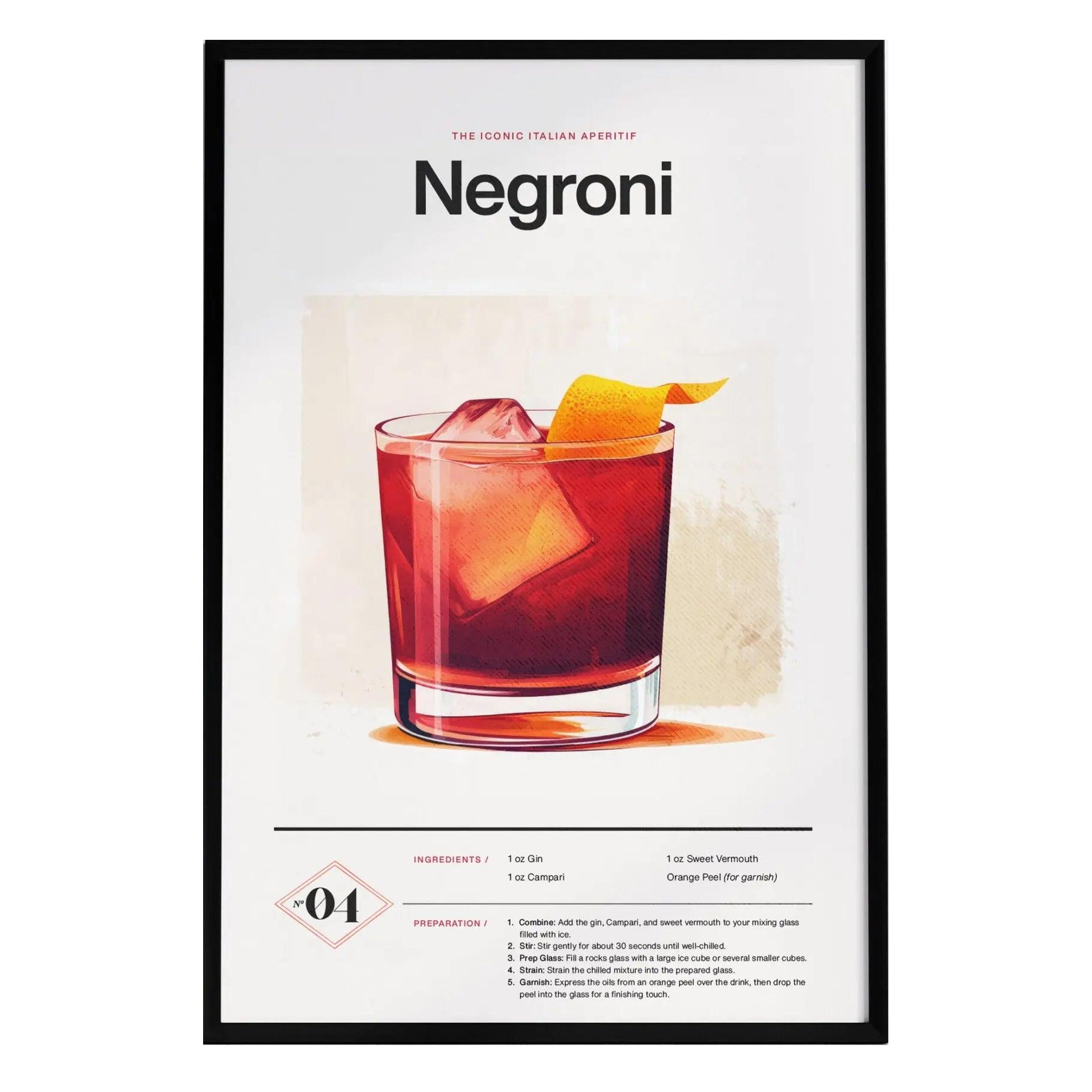A framed poster featuring a Negroni cocktail, showcasing a glass filled with the vibrant ruby drink, ice cubes, and a twist of orange peel.