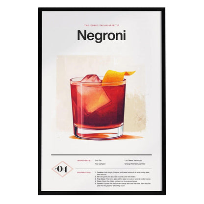 A framed poster featuring a Negroni cocktail, showcasing a glass filled with the vibrant ruby drink, ice cubes, and a twist of orange peel.