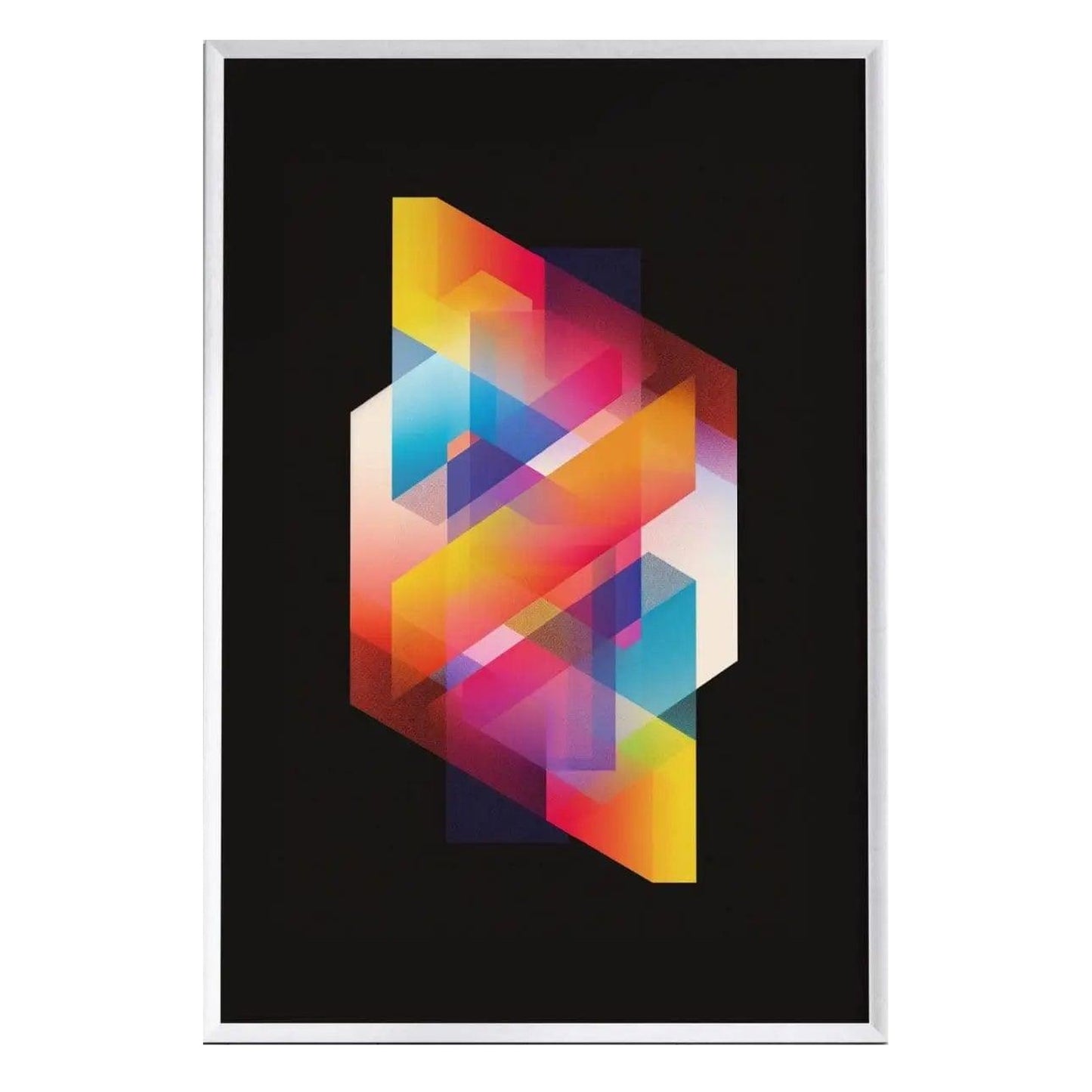 A vibrant geometric art print featuring colorful overlapping shapes in shades of pink, orange, blue, and purple against a solid black background. The bold design creates a modern, eye-catching aesthetic perfect for contemporary spaces.