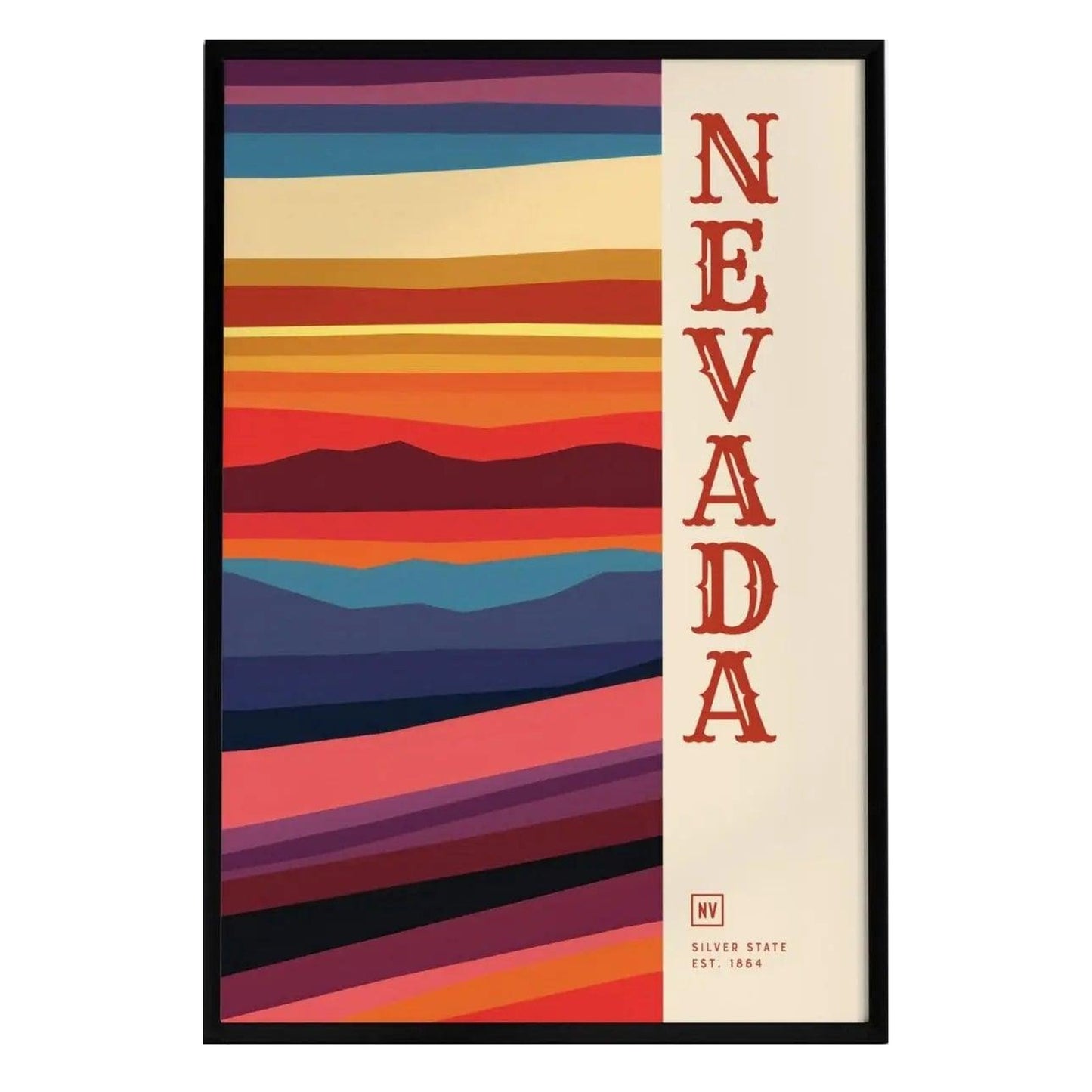 A colorful minimalist poster featuring layered stripes of warm hues like red, orange, and purple, representing the Nevada landscape. The word NEVADA is prominently displayed in bold, vintage-style lettering on the right side.