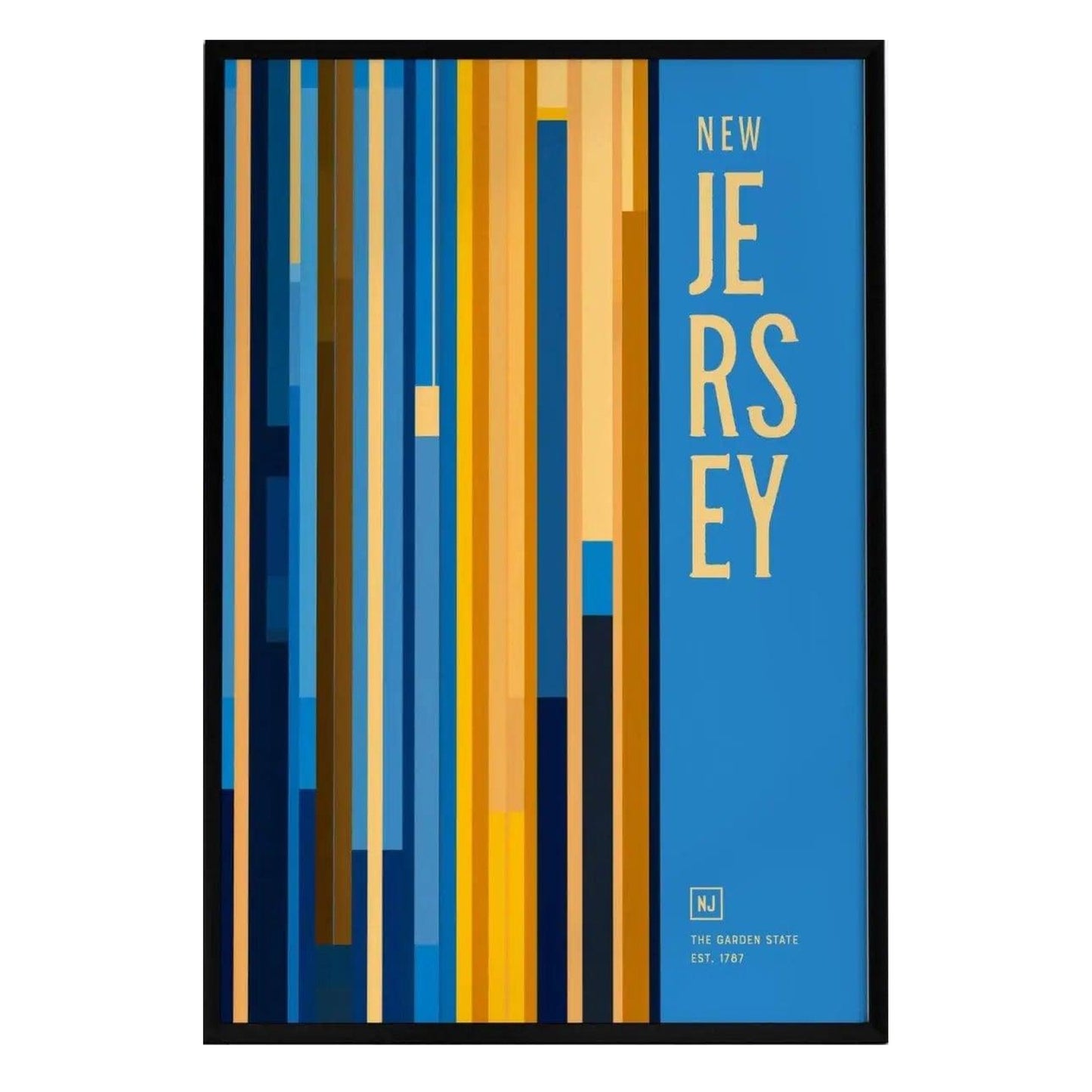 A colorful poster featuring vertical stripes in shades of blue, yellow, and orange, with the text NEW JERSEY prominently displayed in gold. The design is modern and visually striking, perfect for showcasing New Jersey pride.