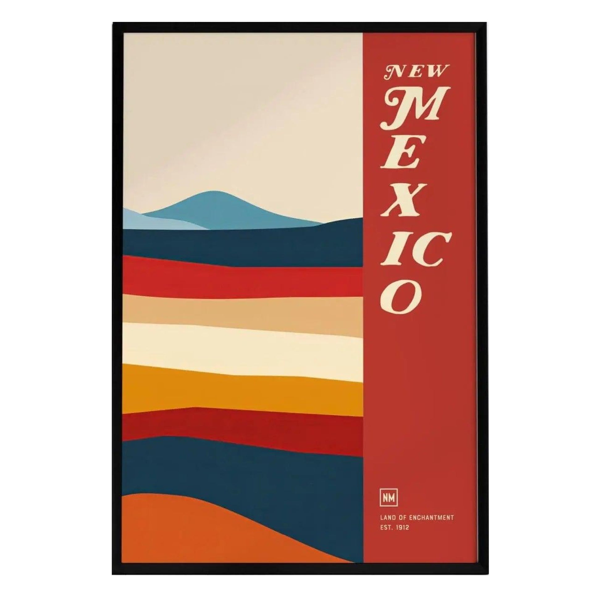 A vibrant poster featuring the text New Mexico in bold letters, set against a backdrop of abstract layers in warm colors like red, orange, and blue. The design evokes the essence of the Southwest landscape, perfect for wall decoration.