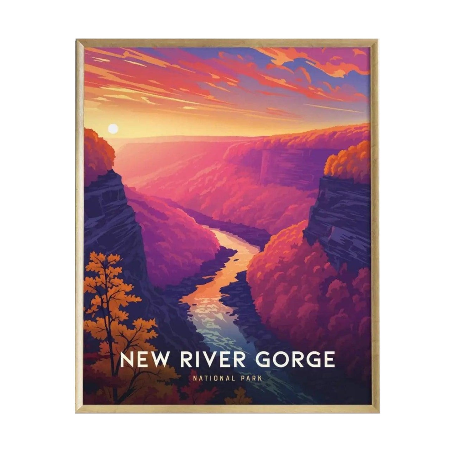 A vibrant poster depicting the New River Gorge at sunset, showcasing dramatic canyon walls and a winding river illuminated by warm hues of orange and pink.