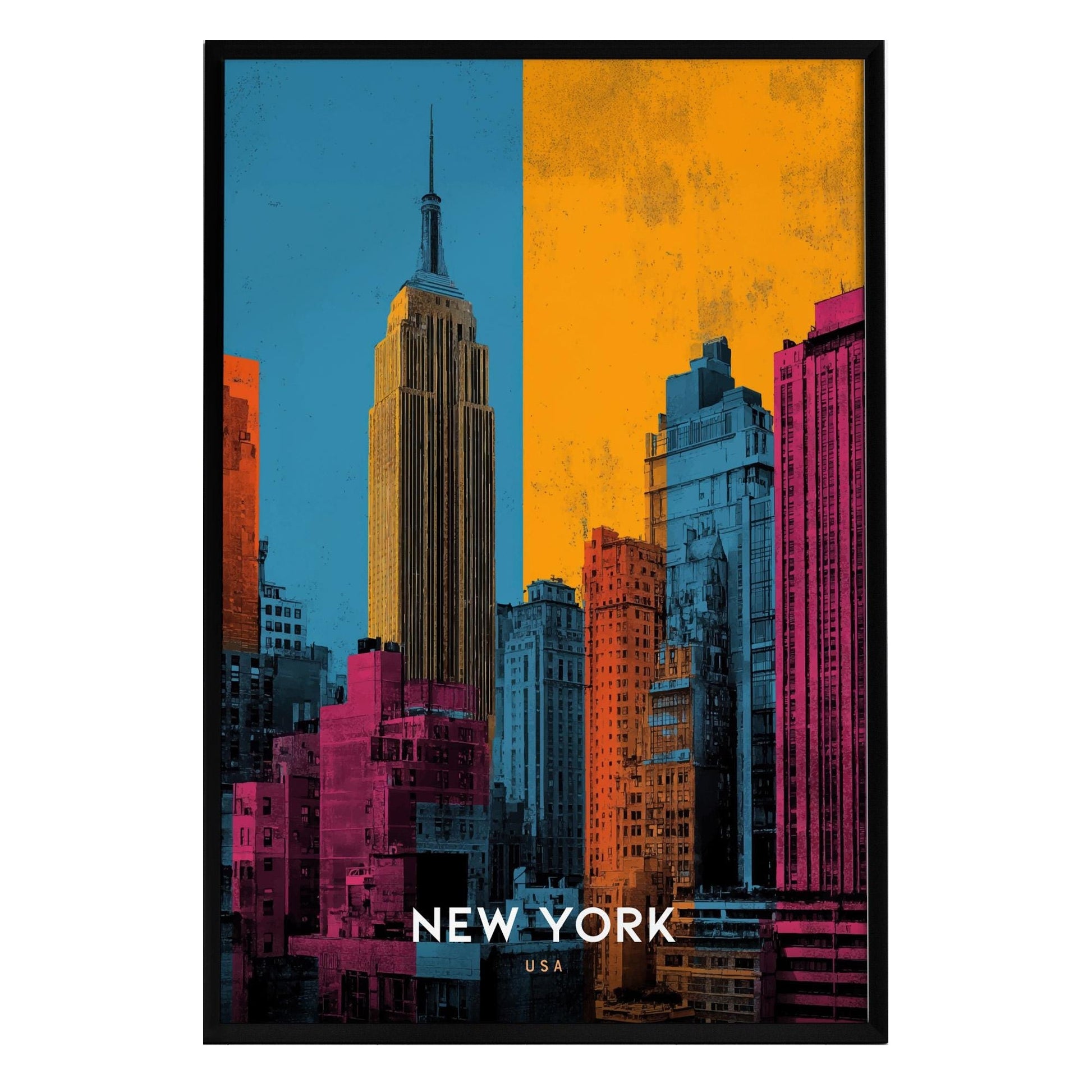 A vibrant pop art poster featuring the New York City skyline, prominently showcasing the Empire State Building. The artwork uses bold colors and geometric patterns to create a modern and eye-catching design.