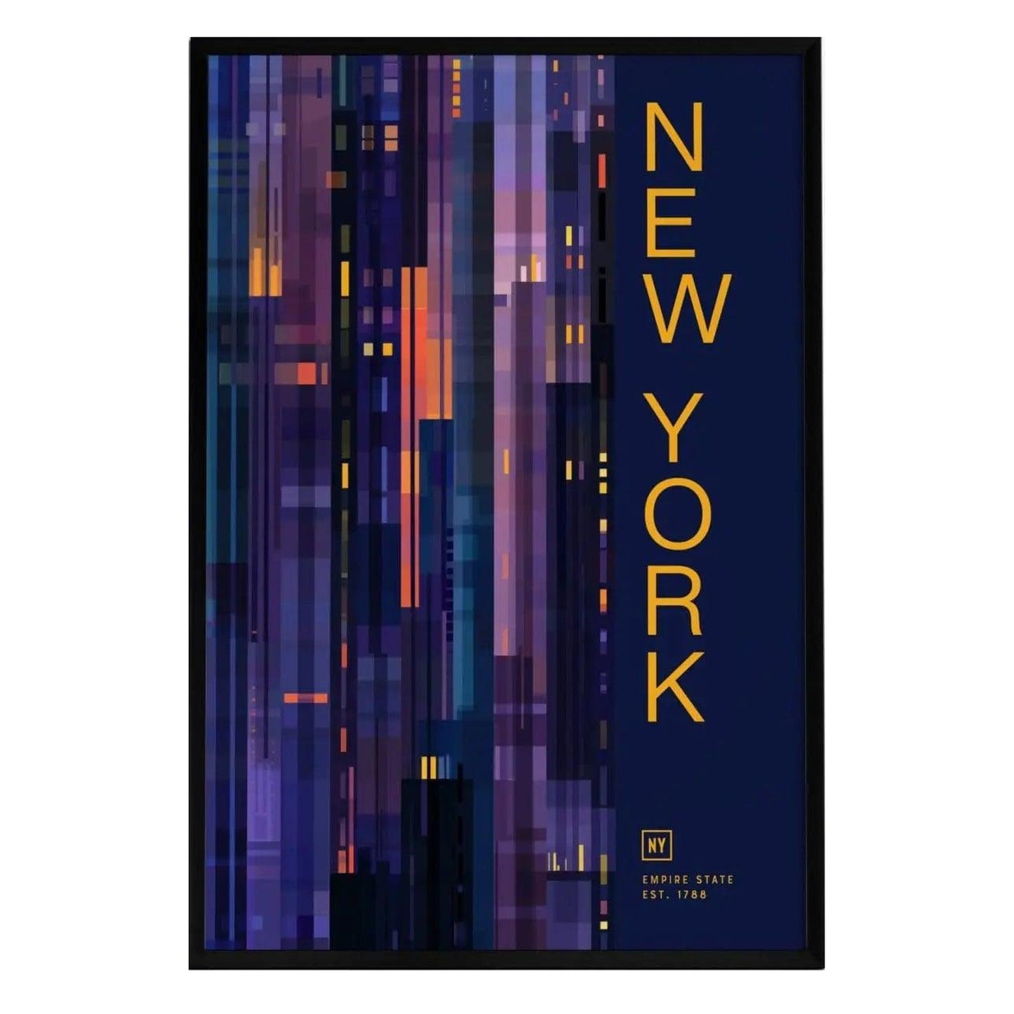 A vibrant, minimalist poster of New York State featuring vertical lines in shades of purple, blue, and gold. The design includes the text NEW YORK in bold gold letters, with Empire State and EST.