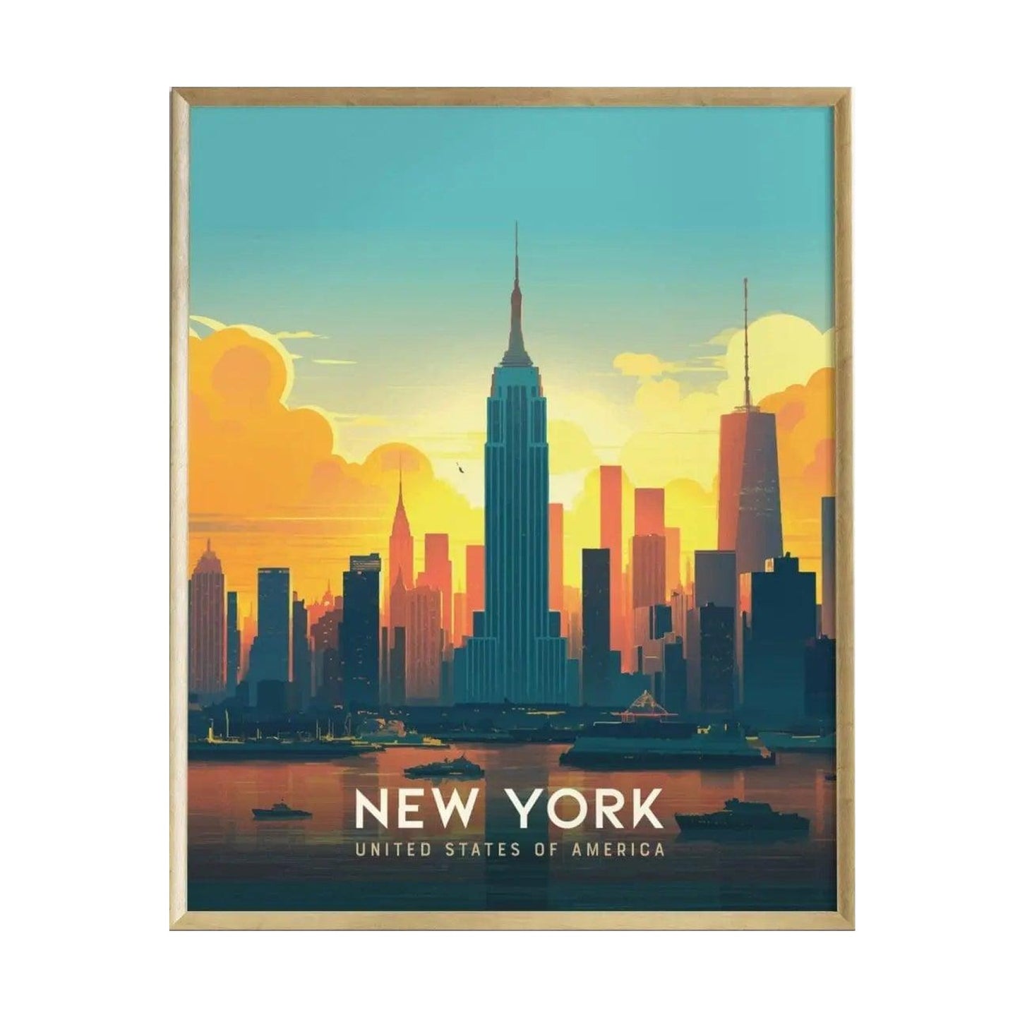 A vibrant travel poster depicting the New York City skyline, featuring the iconic Empire State Building against a colorful sunset. The artwork highlights the citys modern architecture and is framed for display in various settings.