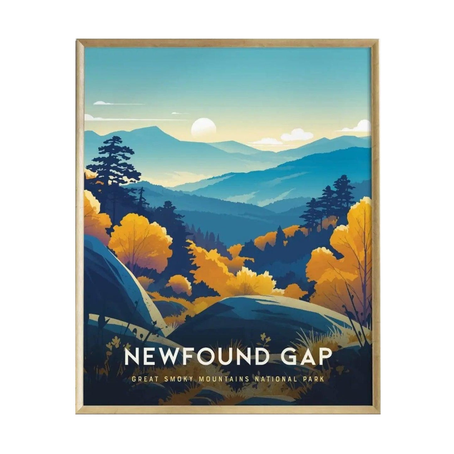 A vibrant poster featuring the Newfound Gap in the Great Smoky Mountains, showcasing layered blue ridgelines, warm autumn foliage, and a serene sunset.