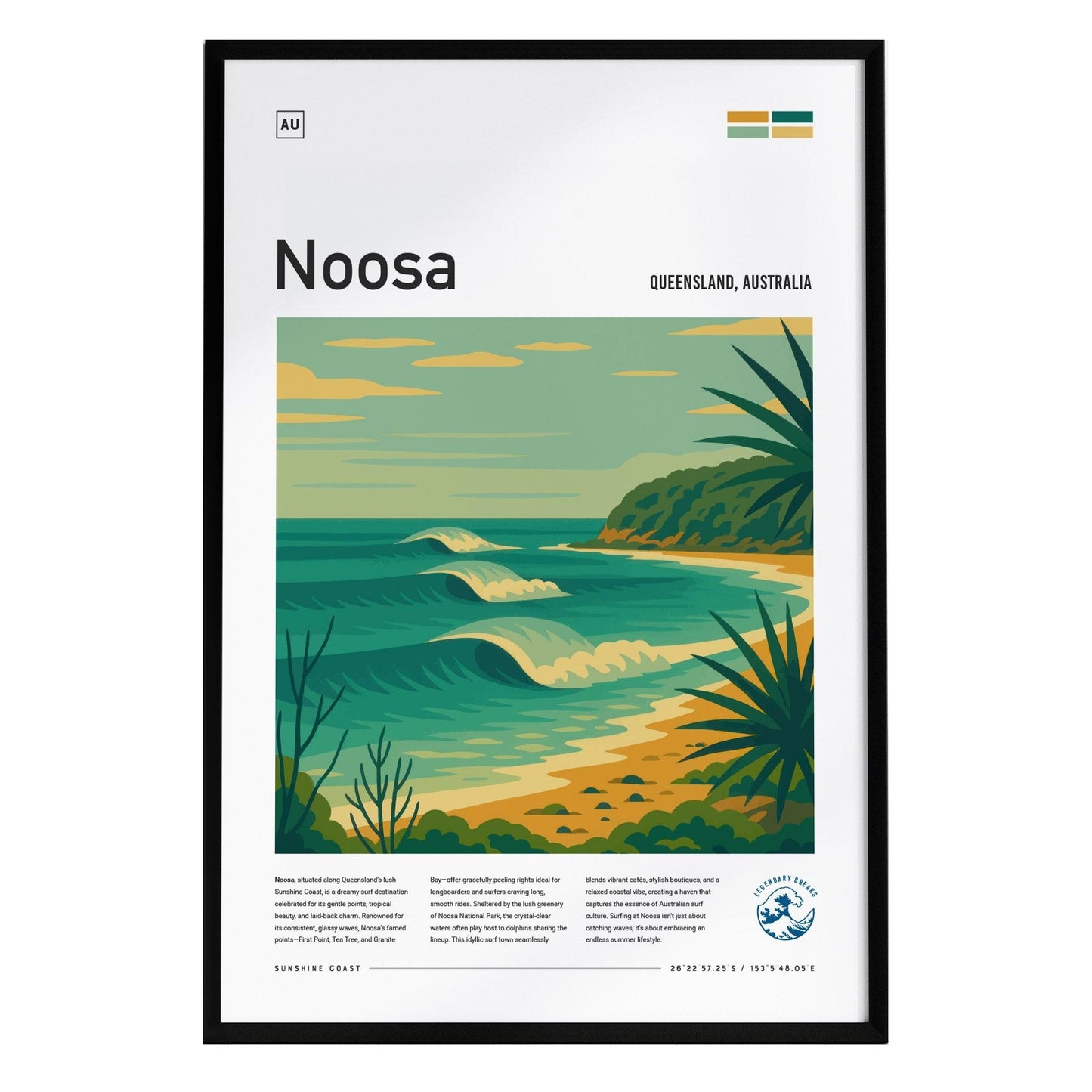 A framed poster titled Noosa featuring a stylized illustration of a serene beach scene in Queensland, Australia.