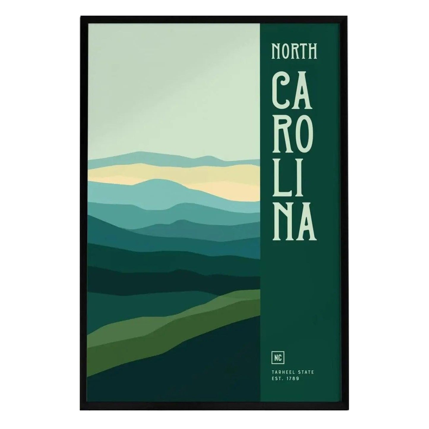 A minimalist poster featuring the text North Carolina in bold, green letters, with a layered landscape illustration of rolling hills and mountains in shades of green and blue.
