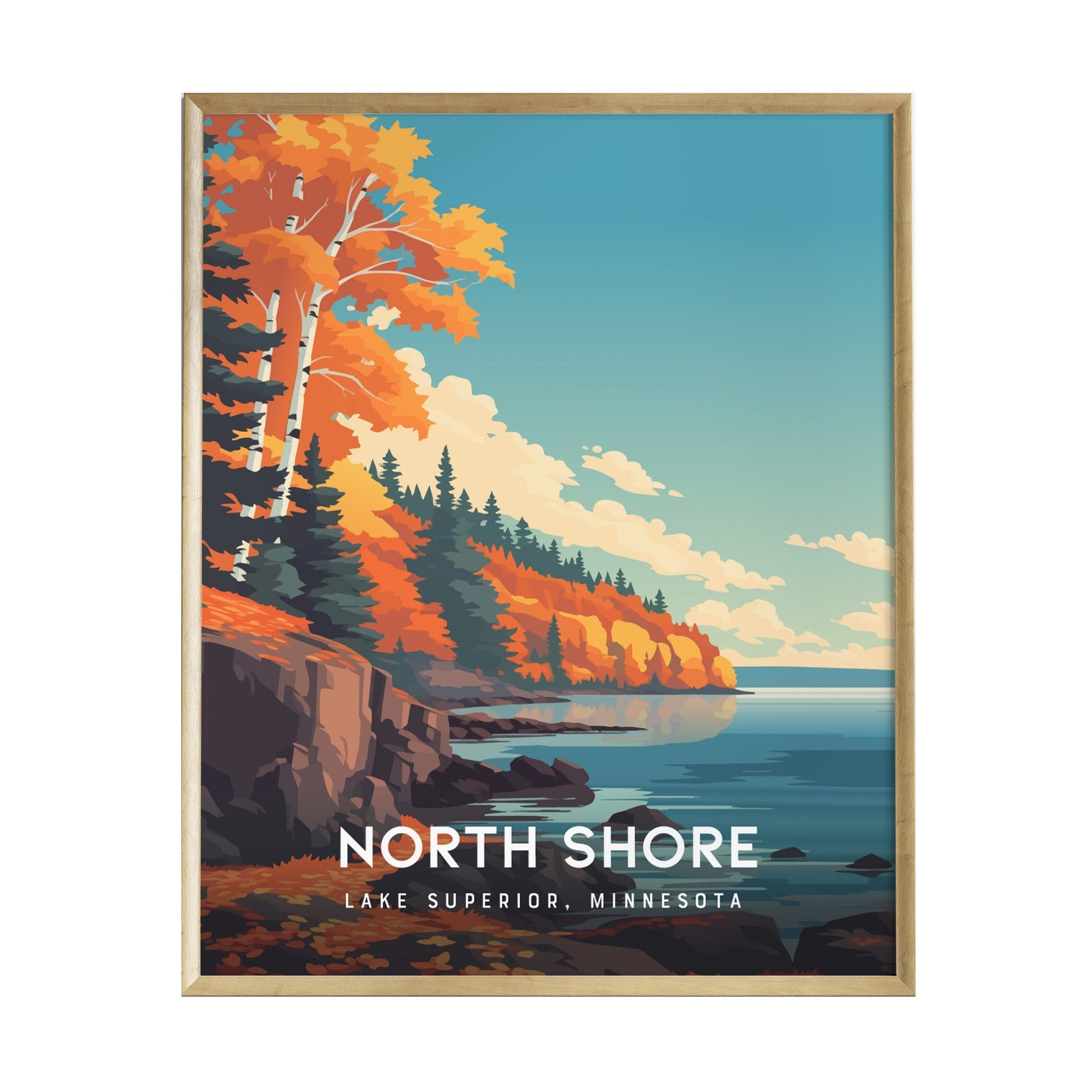 A colorful poster depicting the North Shore of Lake Superior, Minnesota, featuring vibrant autumn foliage, towering evergreens, and a calm blue lake.