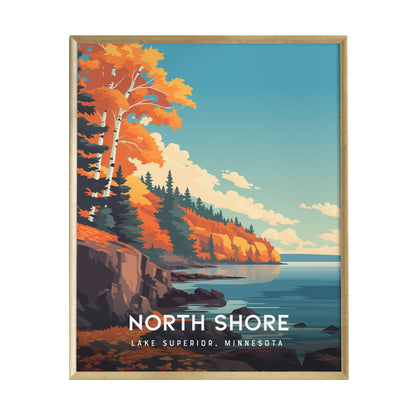 A colorful poster depicting the North Shore of Lake Superior, Minnesota, featuring vibrant autumn foliage, towering evergreens, and a calm blue lake.