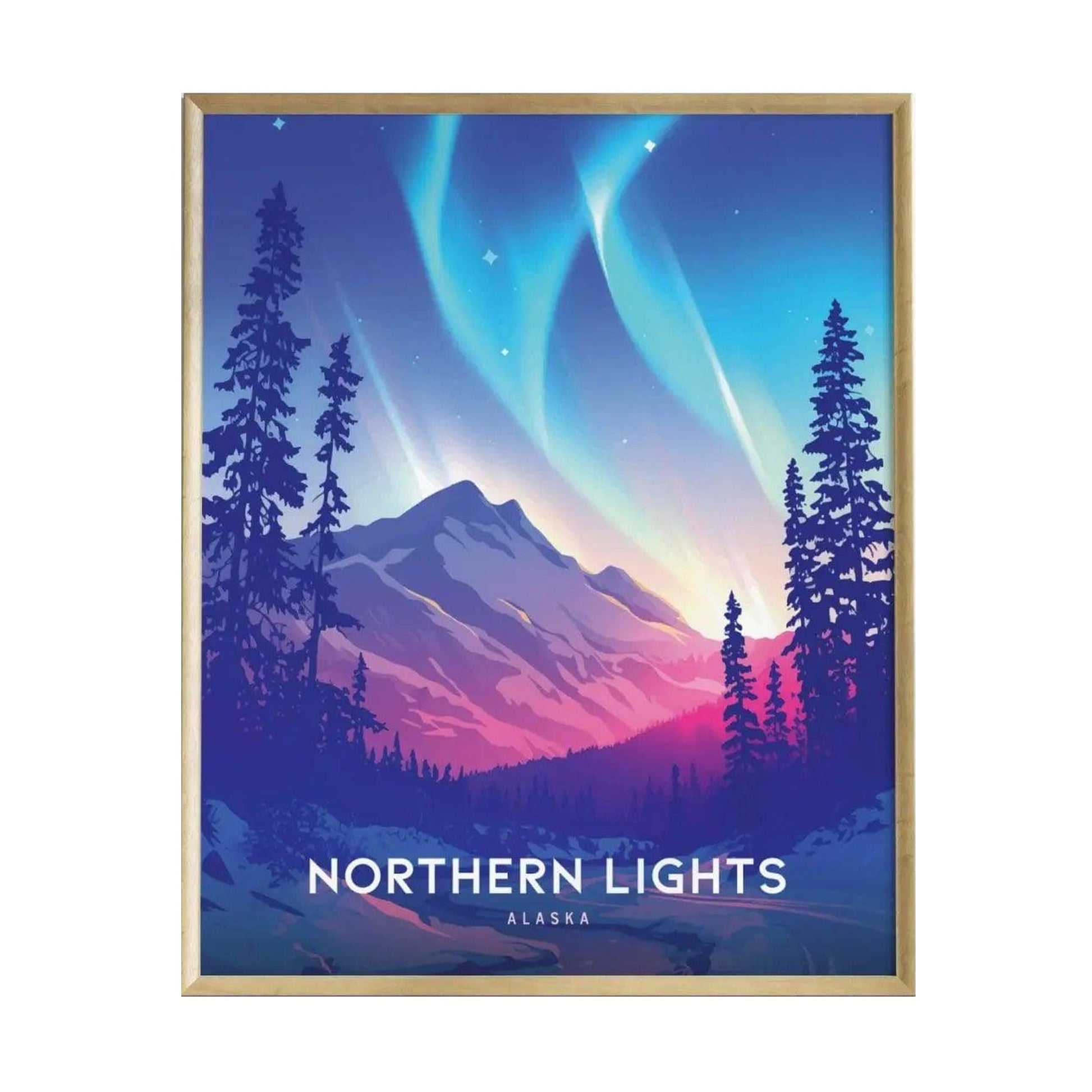 A vibrant poster depicting the Northern Lights over a mountainous landscape in Alaska, featuring bands of green and violet auroras in the night sky.